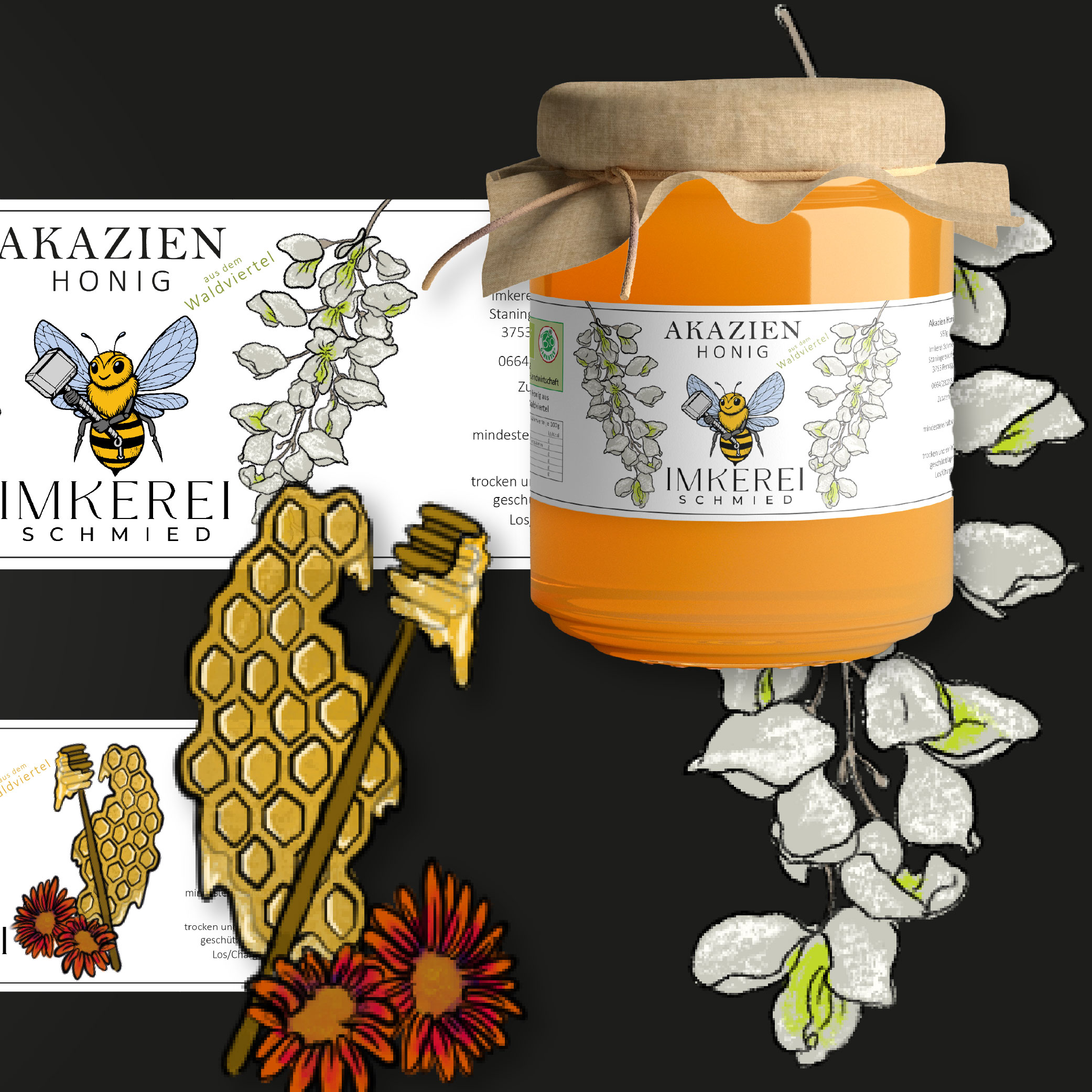 etikettendesign für honigmarke mit illustration von akazienblüten für die sorte akazienhonig